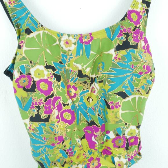 Vintage Size 16 One Piece Swimsuit 90s High Cut Metallic Glam Low Back Floral - Picture 4 of 8
